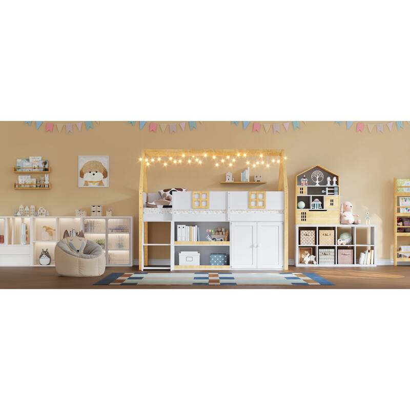 Roomfitters Twin/Full Low Loft Bed with LED Lights, Storage Staircase and Cabinets