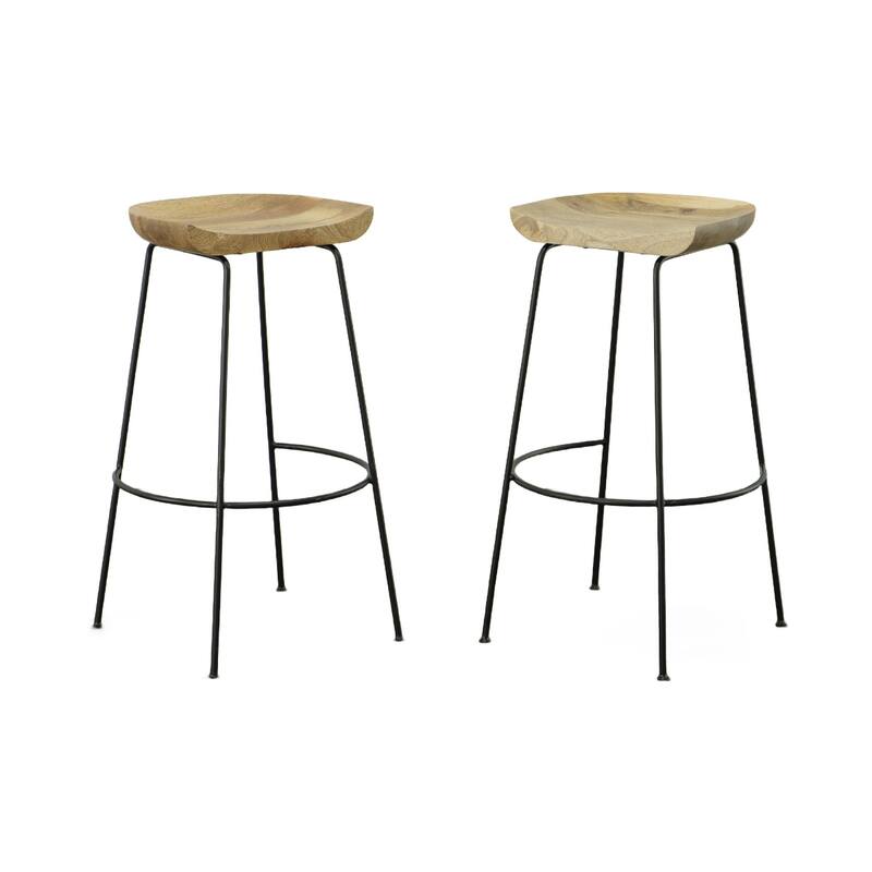 Set of Two 25" Chestnut and Black Solid Wood and Steel Backless Counter Height Bar Chairs - Natural 31"