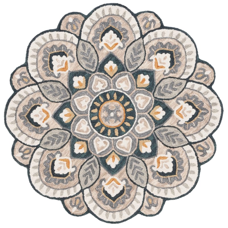 SAFAVIEH Handmade Novelty Sheyla Ornate Flower Wool Rug - 5' Round - Beige/Navy