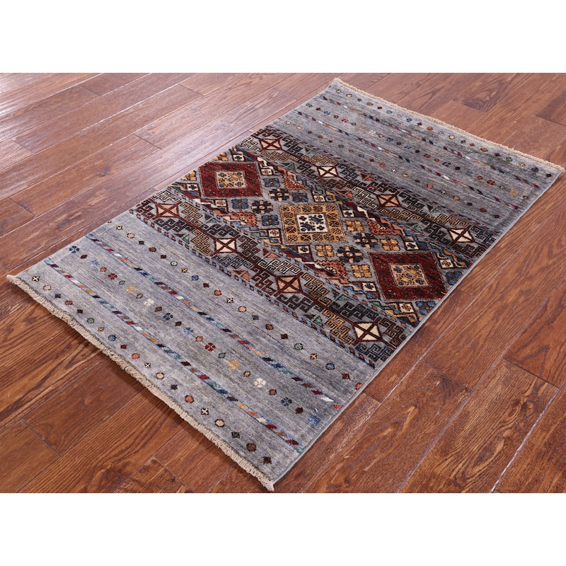 Golden Nile Grey Khorjin Persian Gabbeh Handmade Wool Rug - 2' 8" X 4' 1"