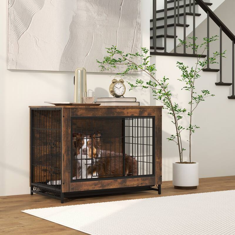 Dog Crate Furniture with Double Lockable Doors and Easy Clean Tray - M