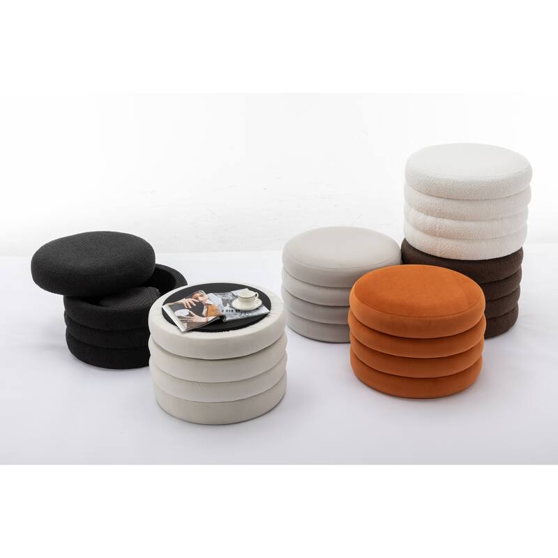 007-Velvet Fabric Storage Round Ottoman Footstool With Wooden Shelving