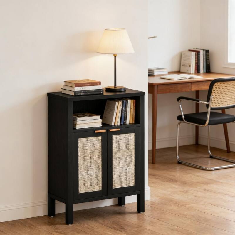 Rossetta Modern Nordic Classic Rattan Element Bar Cabinet with with Adjustable Shelves