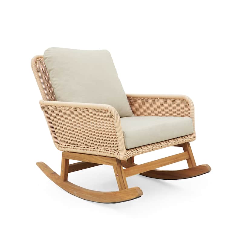 [Set of 2] Contemporary Minimalist Wicker Rocking Chair with Soft Polyester Cushions and Durable Wooden Frame