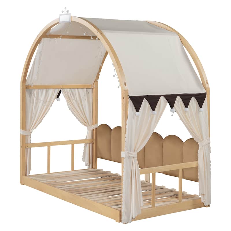 Wood Twin Size Bed Frame with Arched Roof, Floor Bed with Light and Curtain, Pull-out Kids Bed for Girls Boys Bedroom