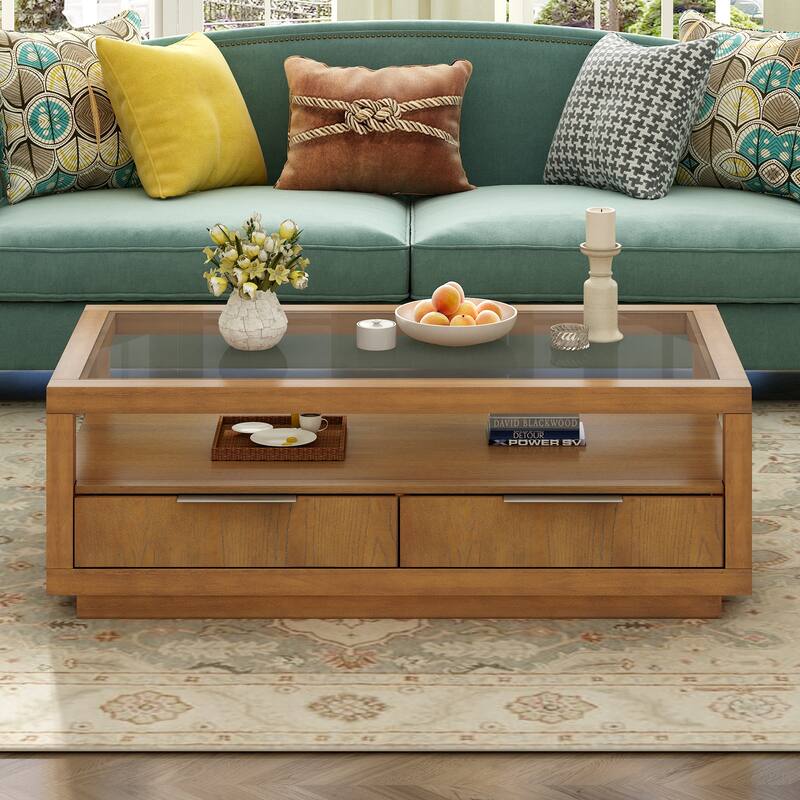 Coffee Table with 2 Drawers,Open Storage Shelf for Living Room