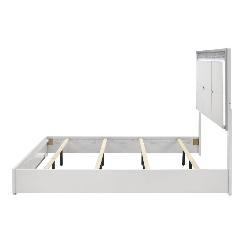 Furniture of America Roon Modern White Wood Panel Bed with LED on Headboard
