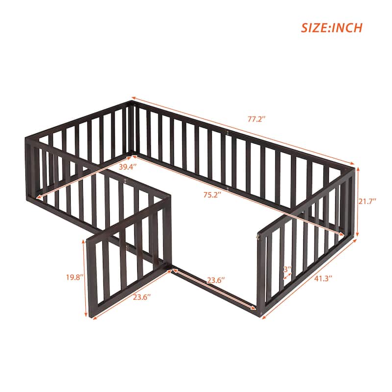 Twin Size Wood Floor Bed Frame with Fence and Door