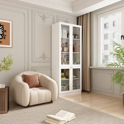 Tall Storage Cabinet,Kitchen Pantry Cabinet with 4 Glass Doors,White - 78.7"H