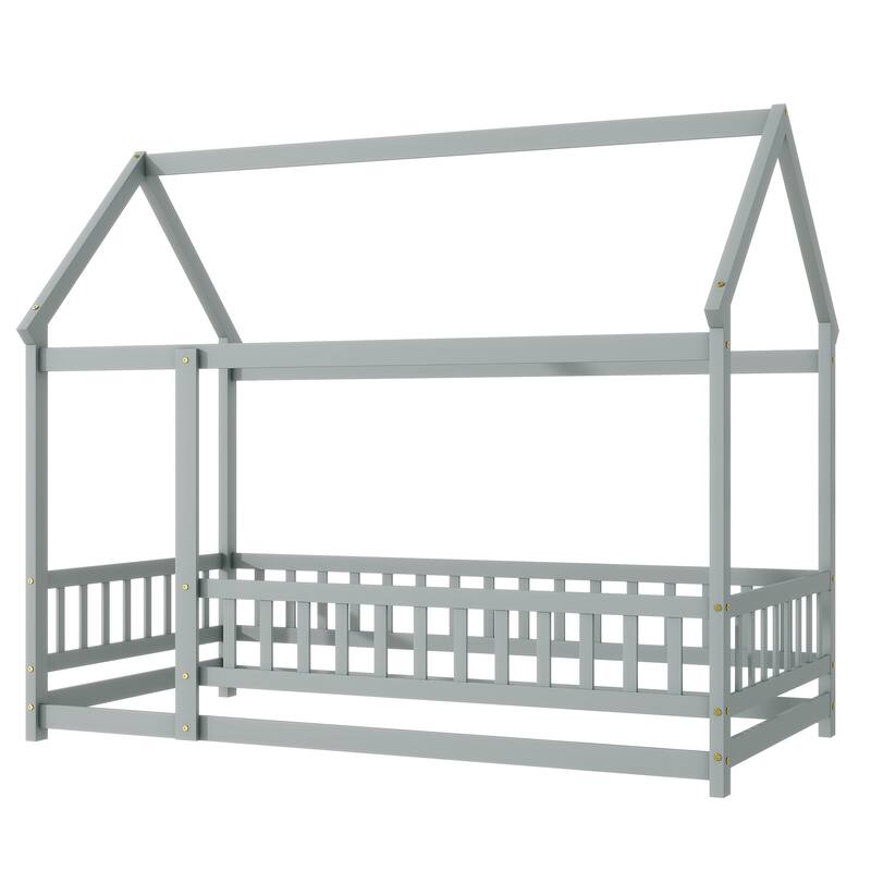 Twin Floor Bed with House Roof Frame, Safety Guardrails, and Fence Design