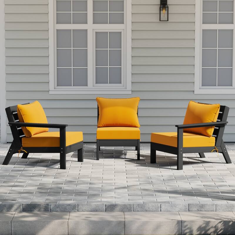 Birchwood All Weather HDPE Outdoor Patio Deep Seating Black Sofa With Cushions (3-Piece) - Black/Yellow