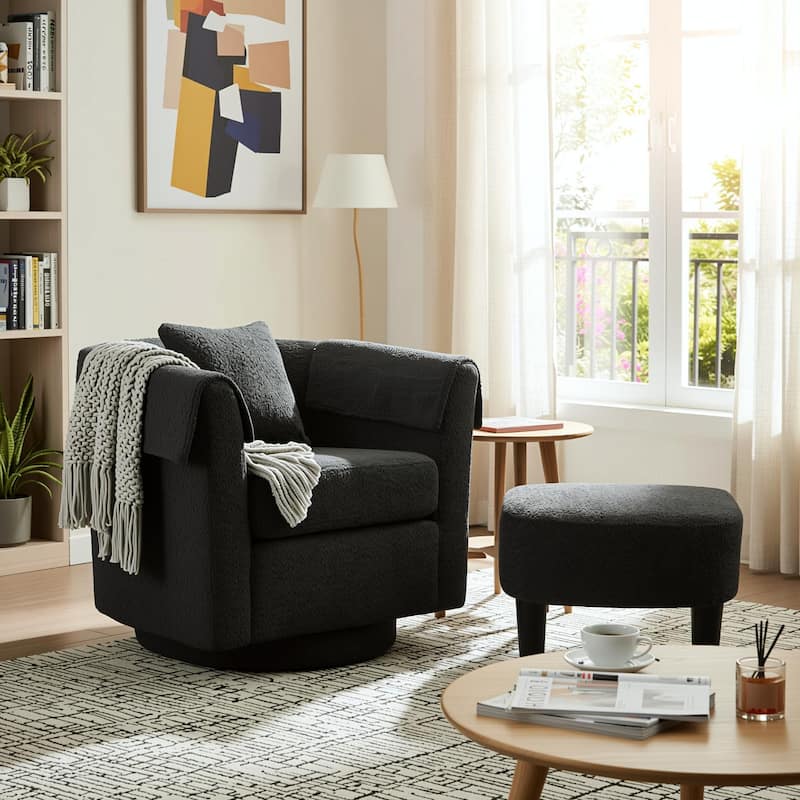 Homy Lin 360° Swivel Chenille Accent Chair with Ottoman,Armrests & Back Pillow, Comfy Living Room Armchair Set for Read or Relax - Black