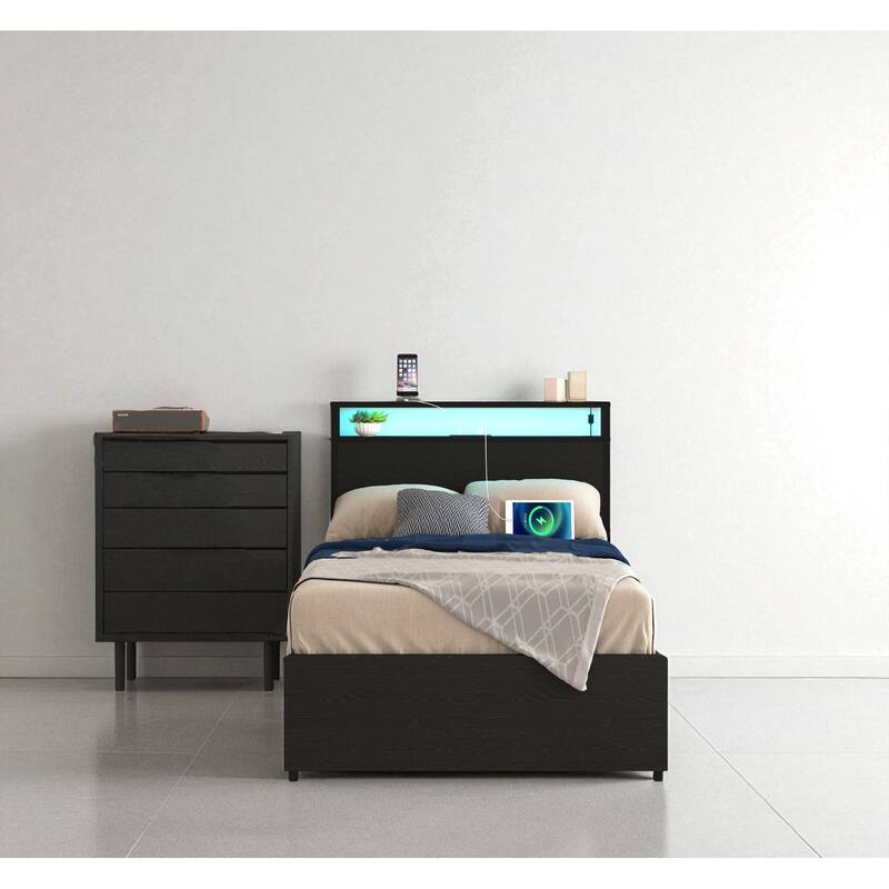 Twin Bed Frame with Storage Headboard, Charging Station, LED Lights, and 4 Storage Drawers - No Box Spring Needed - Black - Twin