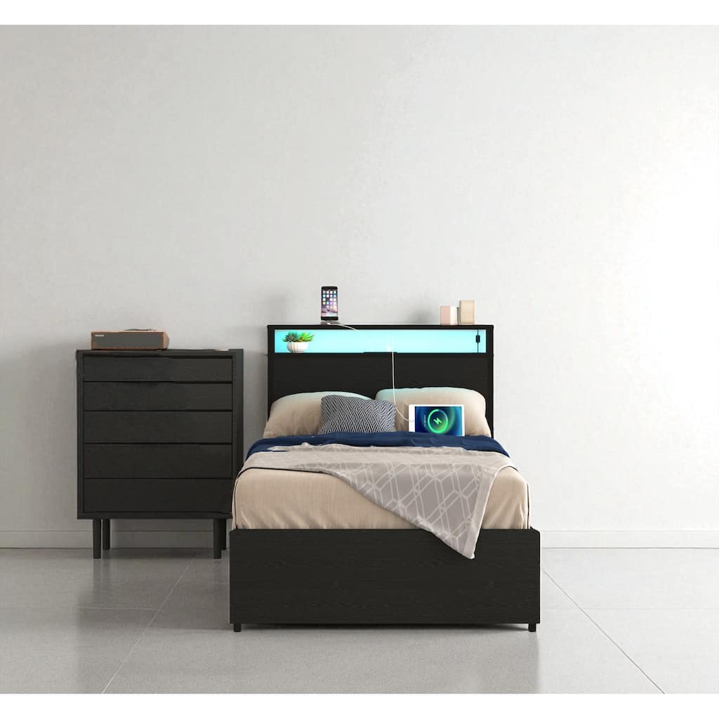 Twin Bed Frame with Storage Headboard, Charging Station, LED Lights, and 4 Storage Drawers - No Box Spring Needed