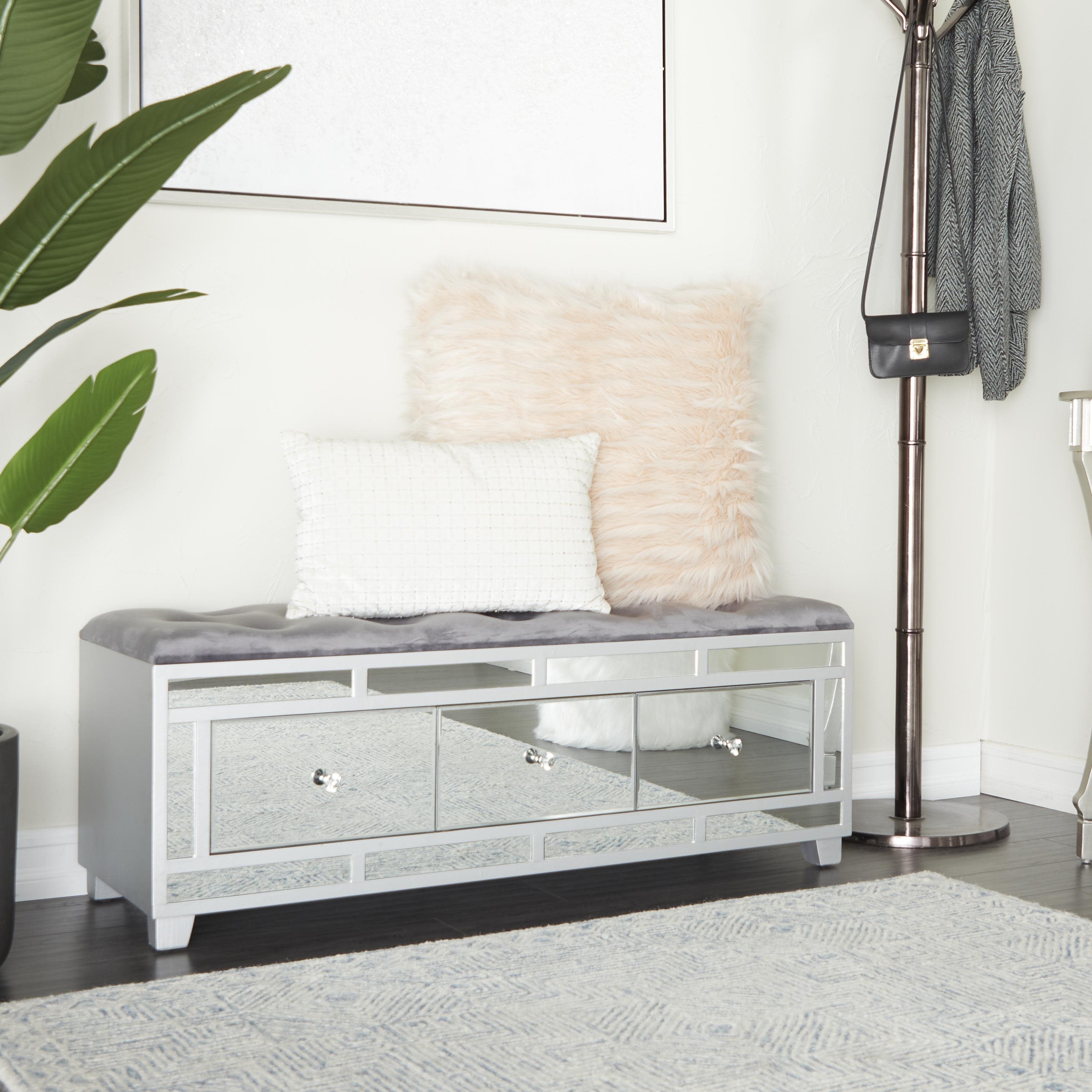 Gray Velvet Mirrored 3 Drawer Room Storage Bench with Upholstered Seat