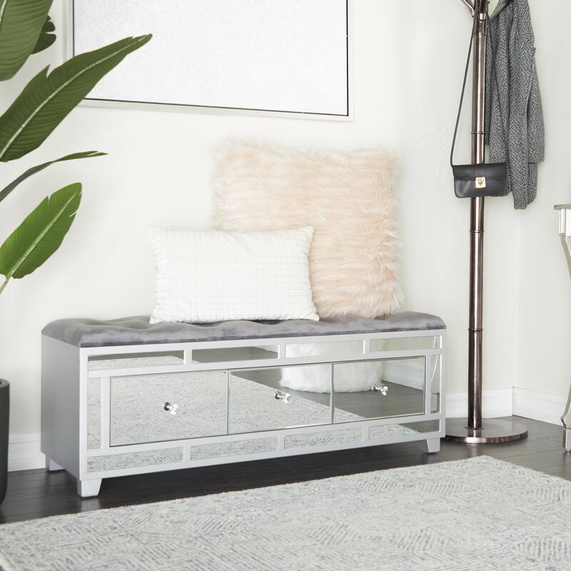 Gray Velvet Mirrored 3 Drawer Room Storage Bench with Upholstered Seat - Grey