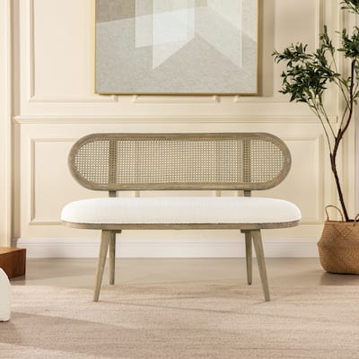 Havana 48" Boucle Sherpa Cane Rattan Upholstered Bench Settee
