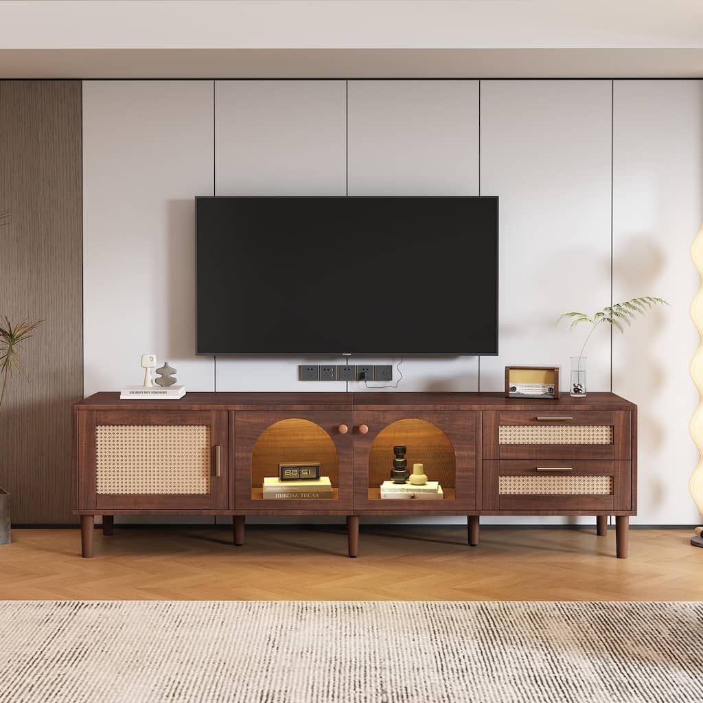70" TV Stand for TVs up to 80" with App-Controlled LED Lights, 2 Drawers & Glass-Door Storage, Modern Media Console