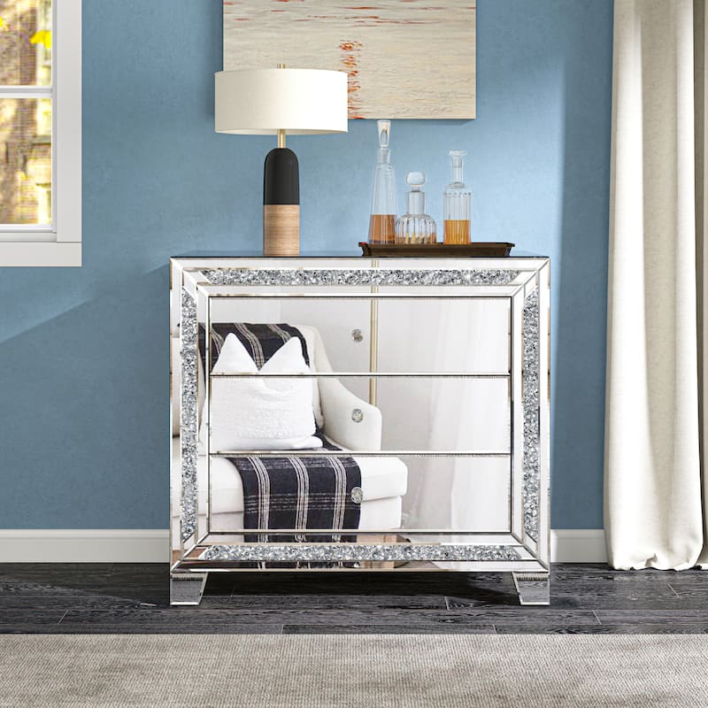 Glam Mirror Nightstand Bedside Table with 3 Drawer Chest