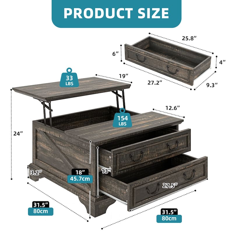 Moasis Lift Top Coffee Table Farmhouse Wood Central Table for Living Room with 2 Drawers and Hidden Storage Compartment