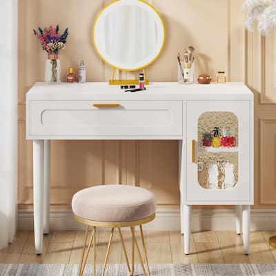 43" Modern Vanity Desk, Makeup Vanity Table with Large Drawers and 2-Tier Storage Cabinet, White