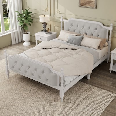 Traditional Style Solid Wood Bed Frame with Upholstered Tufted Headboard,No Box Spring Needed