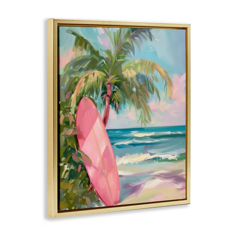Stupell Pink Surfboard on Beach Framed Floater Canvas Wall Art Design By Arlington Prints
