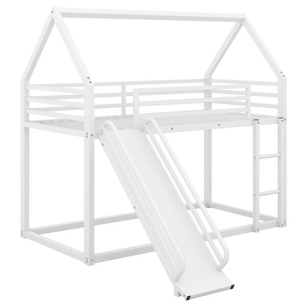 slide 2 of 11, Twin Over Twin Heavy Steel Low Bunk Bed with Ladder & Slide, Space-Saving House Shaped Bunk Bed Frame for Kids Boys Girls, White White - Twin