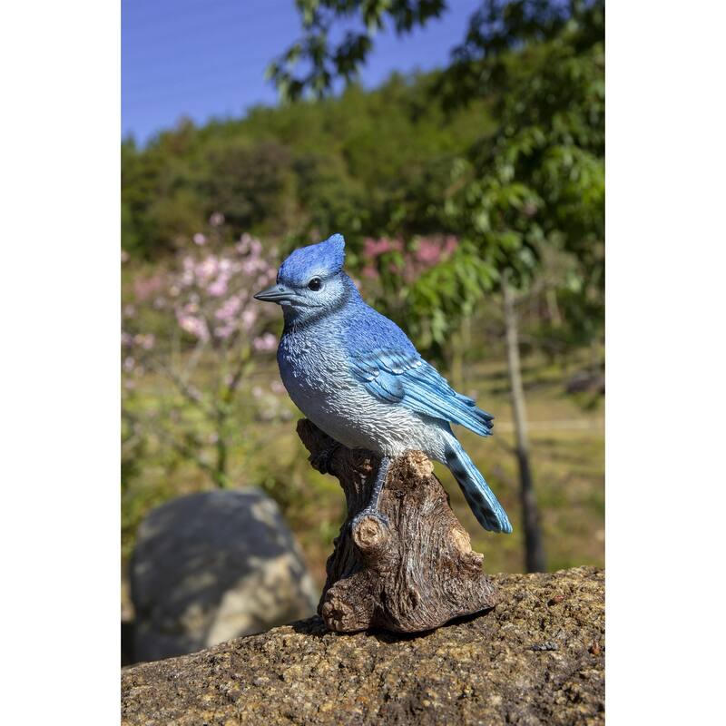 6.5" Blue White Motion Activated Singing Blue Jay Stump Figurine