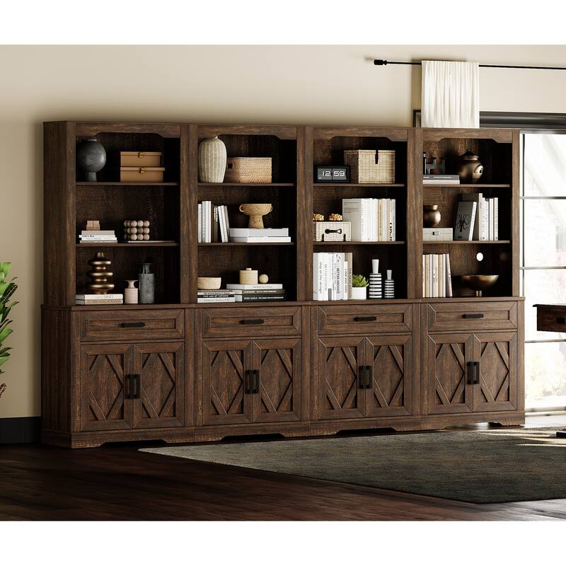 5 Tier 4-Column Bookshelf Set with Open Storage and Glass Doors