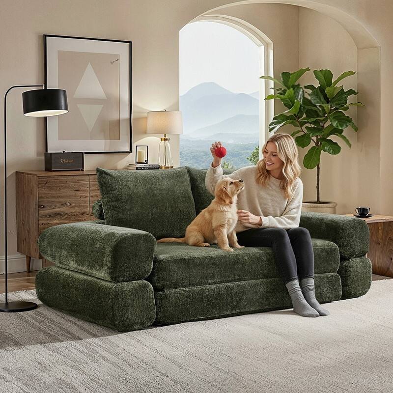 Modern Chenille Convertible Sofa Bed Queen Size Split Back Design