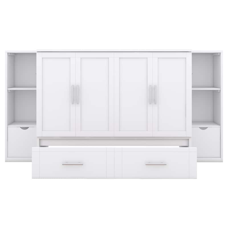 White Full Size Murphy Bed with Shelves, Drawers, USB Ports