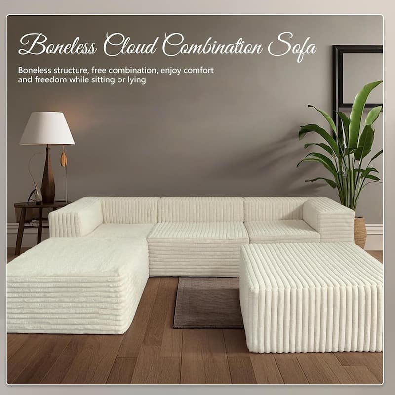 WOWMAX Oversized Sectional Boneless Couch For Living Room, 106 Inch Sleeper Modular Cloud Foam Couch, Plush Corduroy Cover