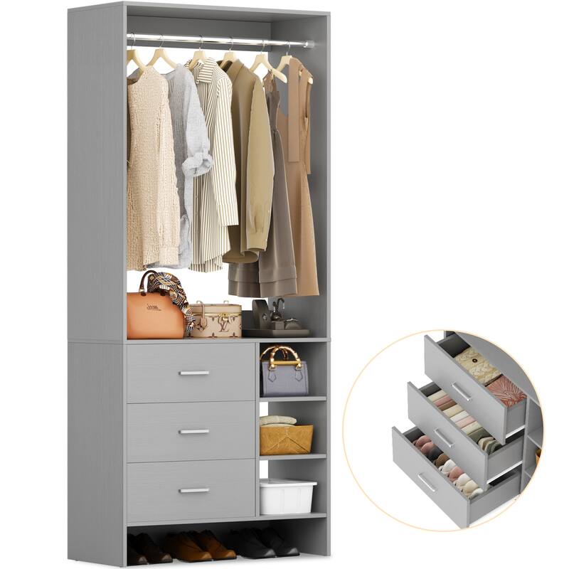 Cimly 30'' W Freestanding Closet Sytem with Hanging Rod, Closet Organizer with Drawers and Shelves - Grey