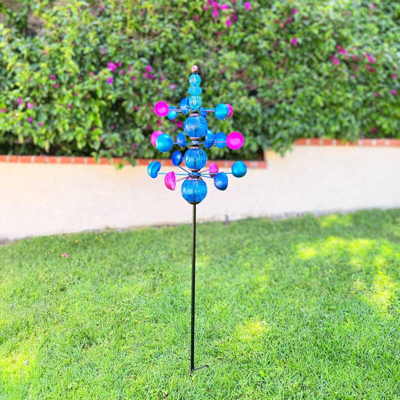 Exhart Three Tier Wind Spinner Garden Stake with Glass Crackle Balls, 14 by 48 Inches