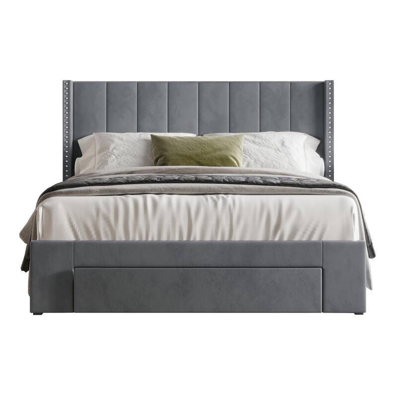 CraftPorch Velvet Wingback Tufted Upholstered Platform Storage Bed - Light Grey - Twin