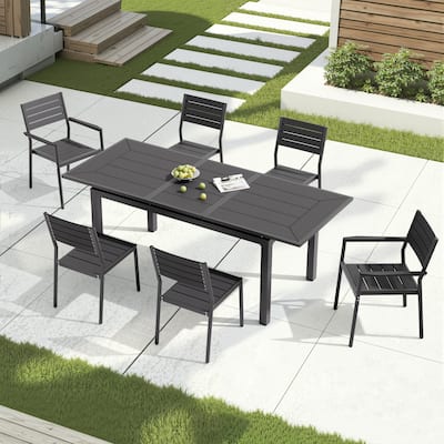 7PC Pellebant Outdoor Patio Aluminum Expandable Dining Set Table WPC Top with Stackable Chairs - N/A