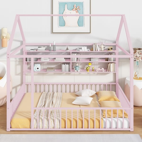 slide 2 of 12, Pink 77"W Metal Full Size Bed House Bed Frame with Fence and Storage Shelf Pink