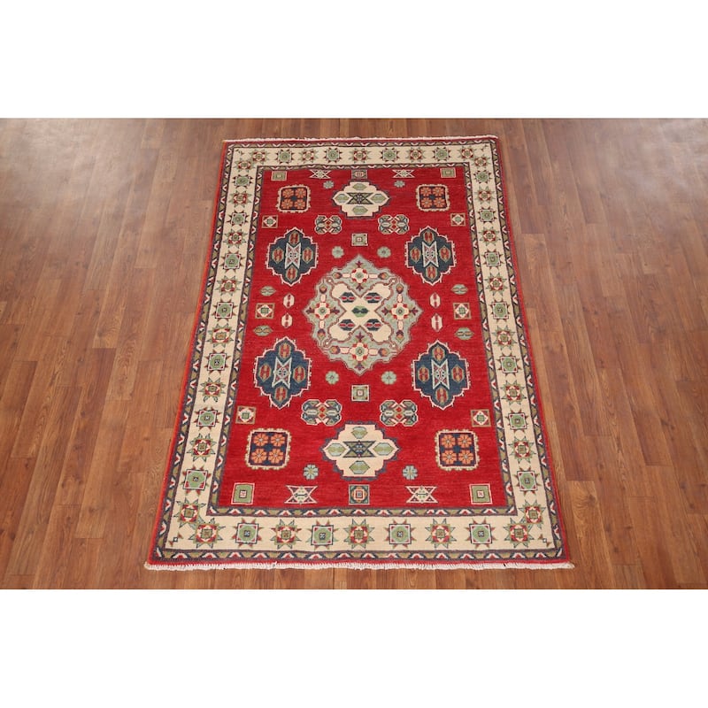 Geometric Red Kazak Accent Rug Hand-Knotted Bedroom Wool Carpet - 3'10" x 5'10"