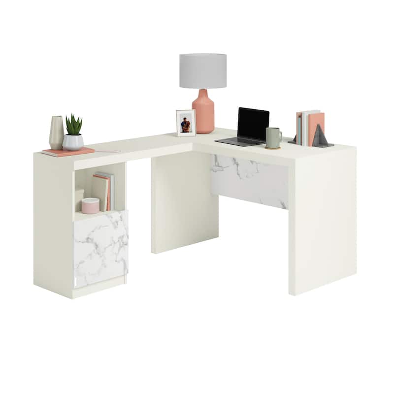 Wood L-Shaped Desk with File Drawer, White