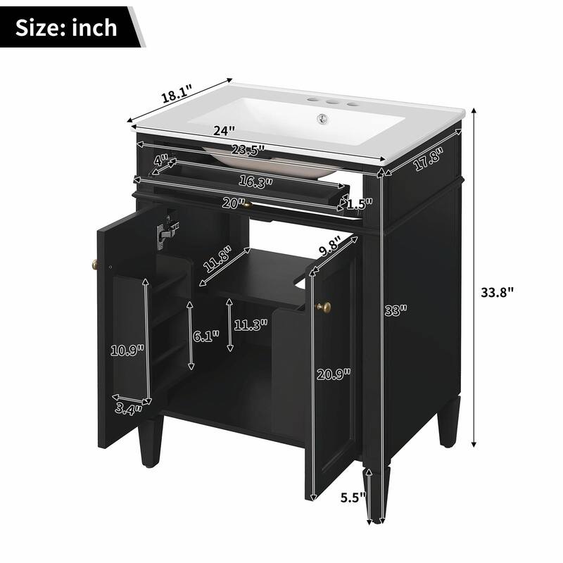 24" Bathroom Vanity with 2 Doors and Tip-Out Drawer - Bathroom Storage Cabinet with Sink