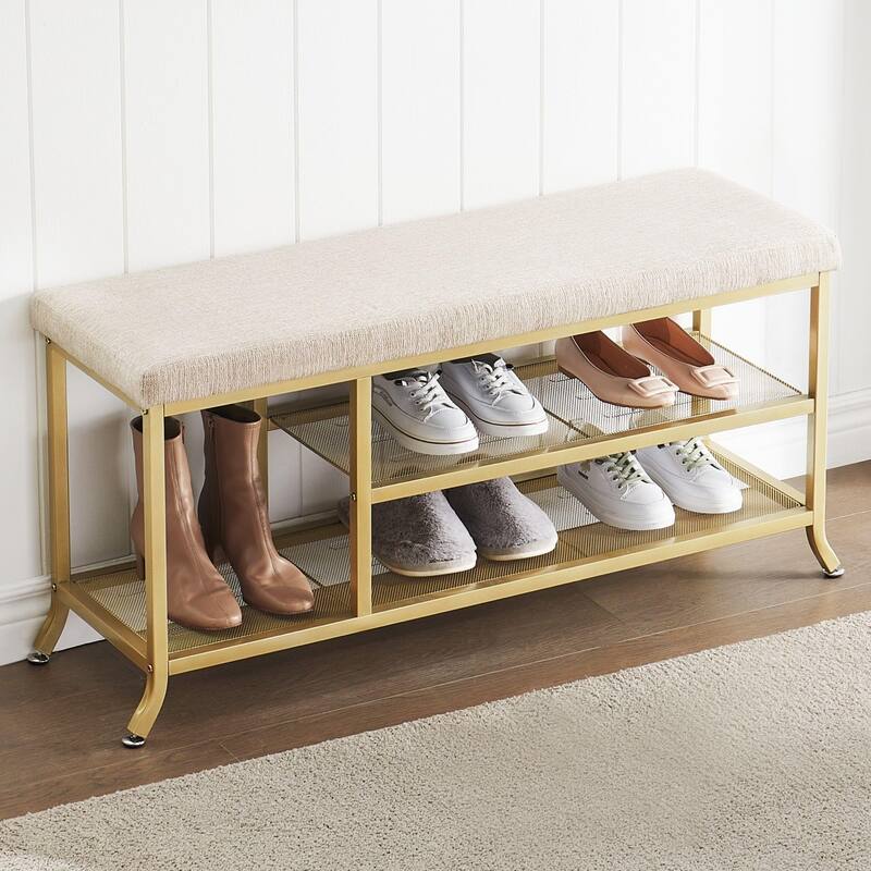 Shoe Storage Bench with Padded Seat, Shoe Rack Bench for Entryway, Shoe Storage Shelf with Metal Frame - 39.3x12.6x18.9in