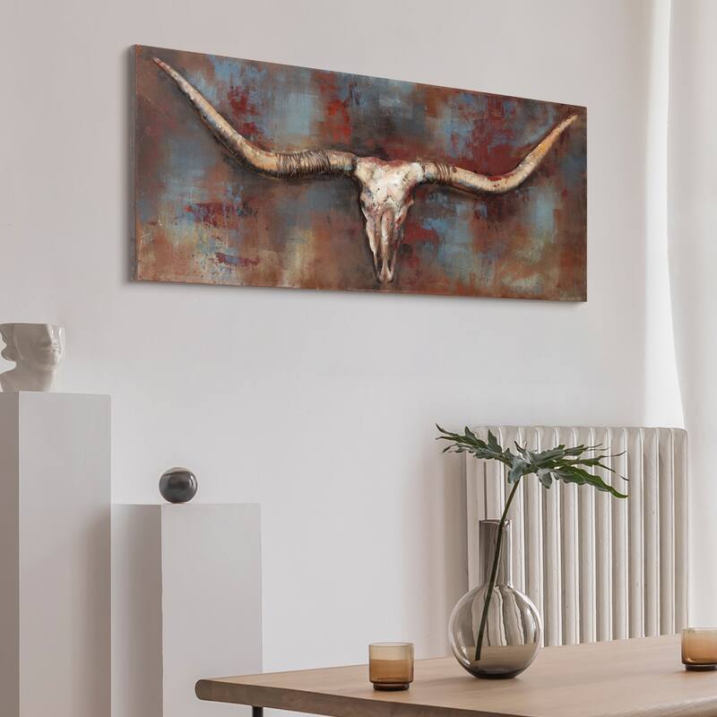"Long Horn" Mixed Media Iron Hand Painted Dimensional Wall Art Sculpture