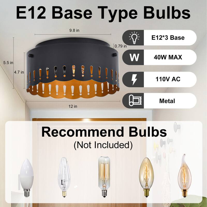 3 - Light 12"W Flush Mount Ceiling Fixture with Black Metal Frame & Decorative Cut - outs - Matte Black