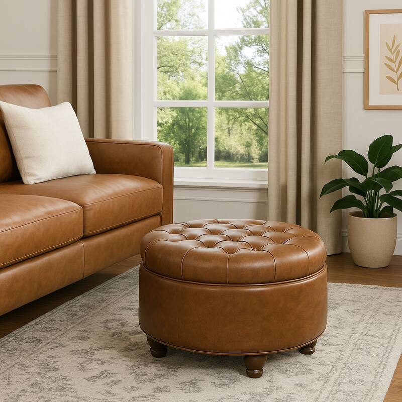Gery 25 Inch Round Accent Storage Ottoman with Tray Top in Brown Faux Leather