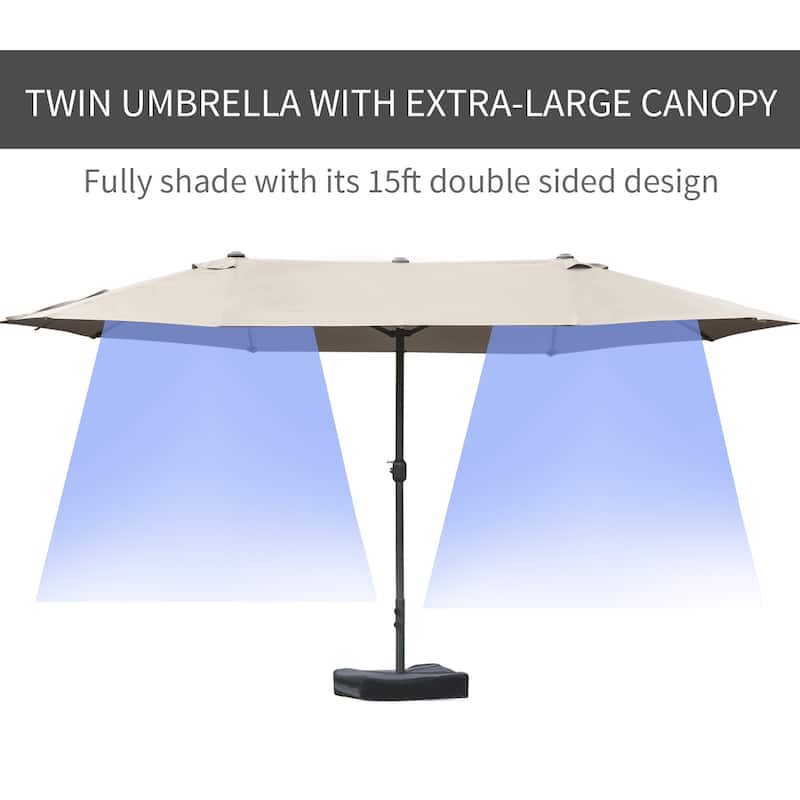 15-Foot Steel Rectangular Double-Sided Patio Umbrella with Easy Crank, Sun Protection, and Base for Outdoor Use