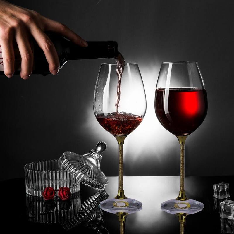 Matashi Crystal Wine Glasses Set of 2, 18.5 oz - Lead-Free Gold Foil Filled Glassware - Wedding & Celebration Drinkware