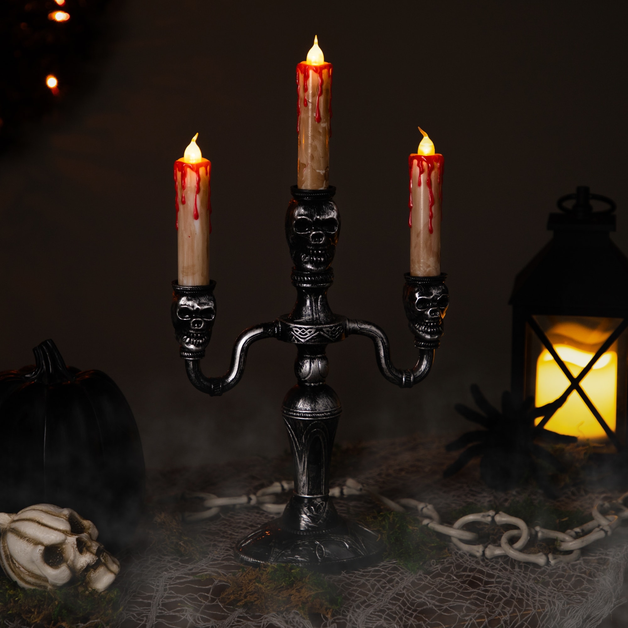 Skull Trio Flickering Halloween Candelabra 13.75" Amber Lights