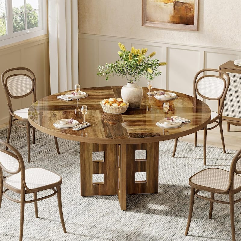 47-Inch Round Dining Table, Farmhouse Wood Kitchen Table with Sturdy Pedestal Base