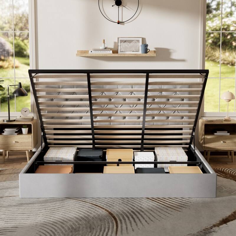 Plywood Frame Upholstered Platform Bed with Lift-up Storage Supported by Metal and Wooden Slats